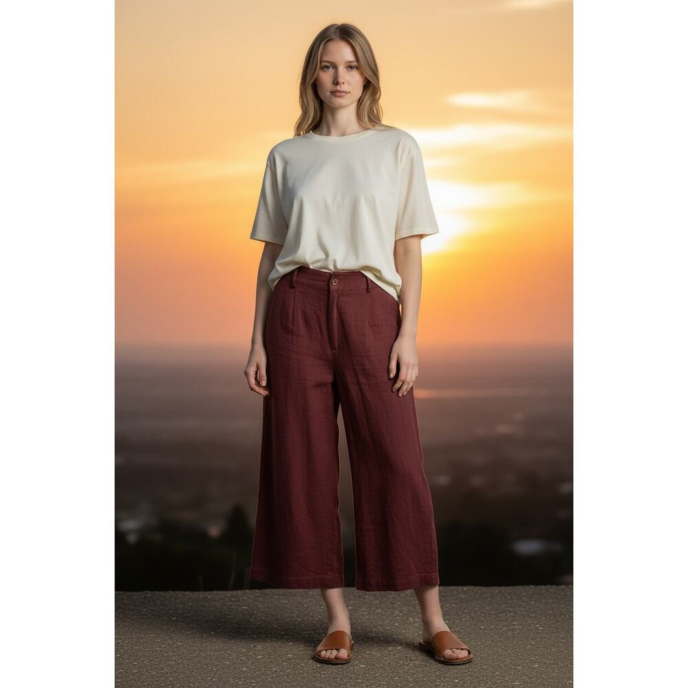 7115 by Szeki Linen Cotton Wide Leg Cropped Pants Rust Red Size M